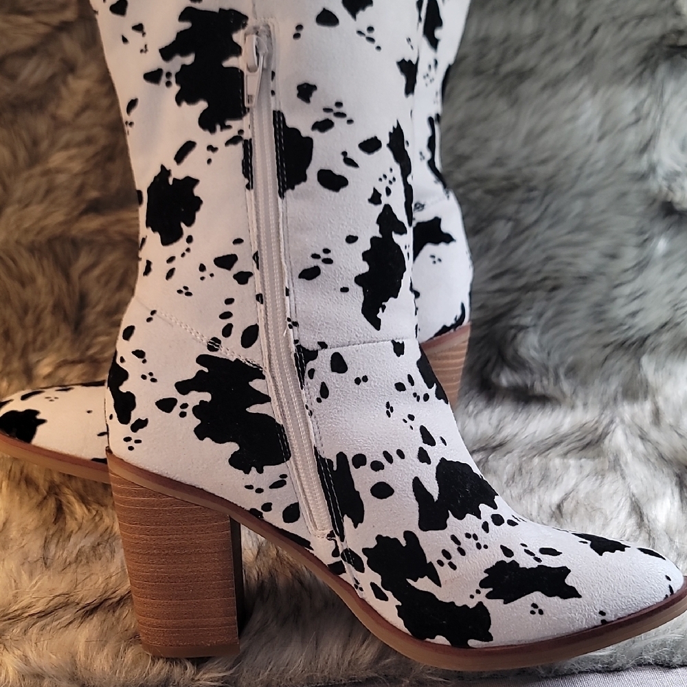 Altar'd State Black and White  Cow Patterned Heeled Boots - Picture 14 of 16